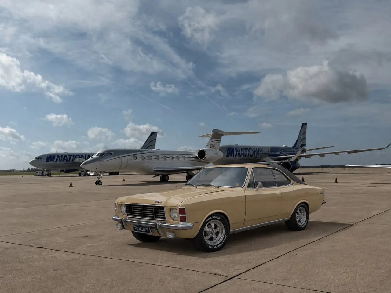 Opala clássico da JJ Garage 73 ao lado de jatos executivos na pista