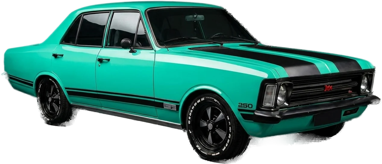 Opala 4 portas 1974 verde-água customizado, com faixas de competição e rodas pretas